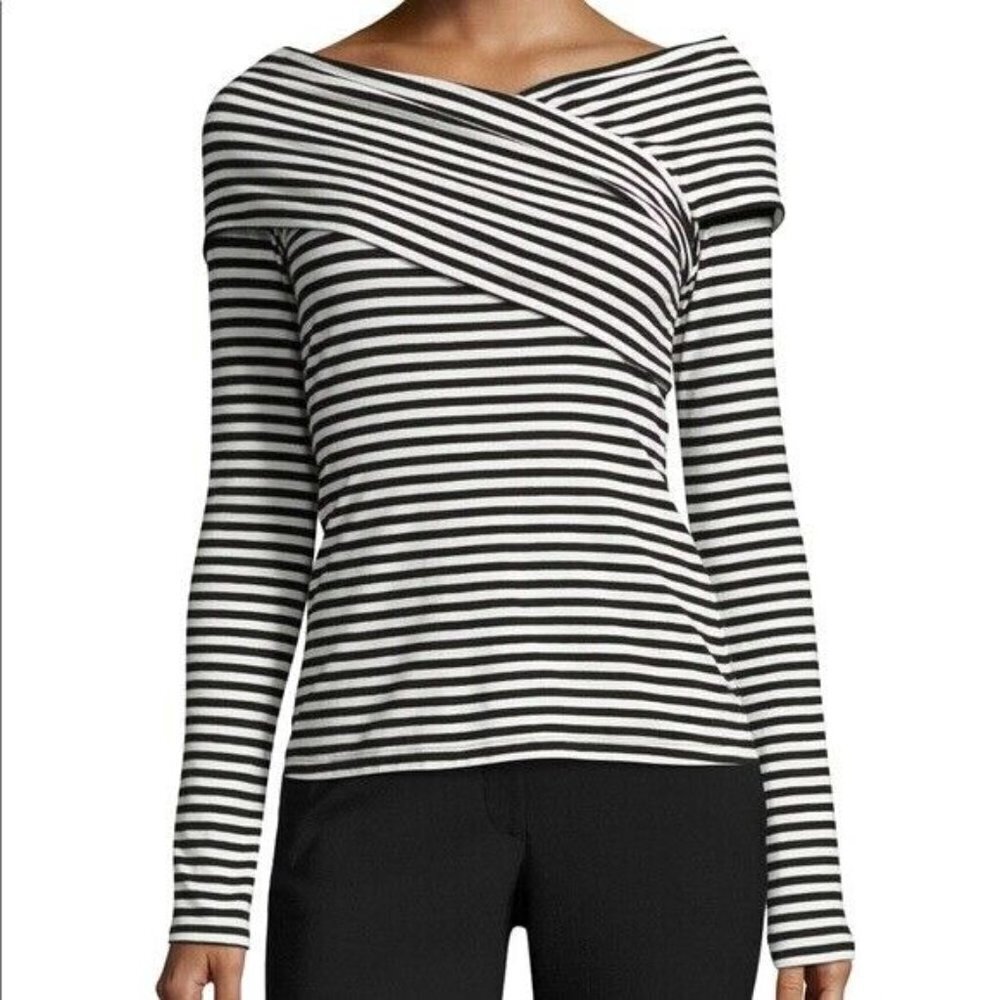 THEORY Black and White Kellay Striped Off-Shoulder Top Size Small